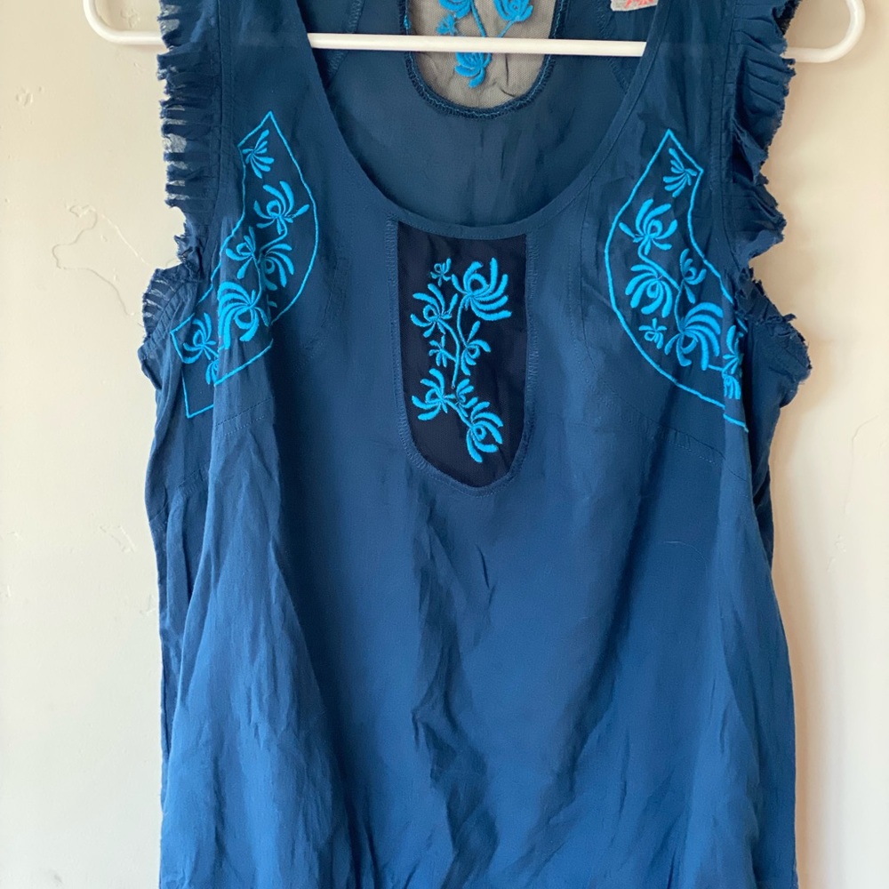 Free People Sleeveless Blue Embroidered Scoop Neck Top